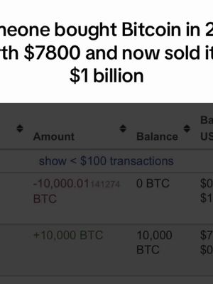 The image has a white background with text at the top in a slightly smaller font, and a dark gray box with white text about transactions sits over the bottom portion. The white text at the top states 'someone bought Bitcoin in 2010 with $7800 and now sold it for $1 billion'. The dark boxes contains the headers Amount, Balance and a bit of data. The first line has a display filter for transactions less than $100. Followed by two lines of transaction data. The first line shows the transaction value as -10,000.01 BTC with a BTC balance and a USD balance. The second line shows a transaction value of +10,000 BTC, with a BTC balance and a USD balance.