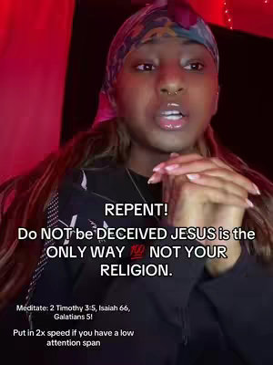 A selfie-style shot featuring a woman with a headscarf in a red-lit setting. Bold white text overlays read "REPENT!" and a message about Jesus. The woman is positioned centrally, with hands clasped. The background is dark.