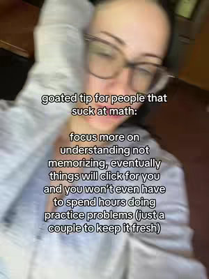A blurred selfie shows an out-of-focus young woman with glasses. Overlayed text provides study tips on a light background.
