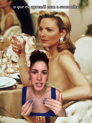 The image presents a split-screen effect, featuring a woman in a close-up overlaid on a scene from the television show "Sex and the City". The main subject is a woman with dark hair pulled up in a bun, wearing a blue top. She has her hands up towards the camera, with painted nails. Overlaying the woman is an image of a blonde woman from the show holding a glass of champagne.