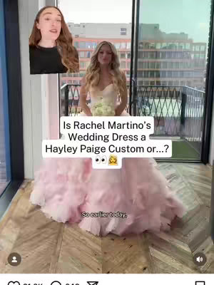 The cover image shows a woman standing in a room with a large window, wearing a strapless wedding dress with a large, pink, ruffled skirt. A second video of a woman's face is in a box in the upper left. Text overlay is over the image.