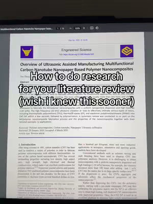 A screenshot of a document on a laptop screen. The document is a scientific paper with the title "Overview of Ultrasonic Assisted Manufacturing Multifunctional Carbon Nanotube Nanopaper Based Polymer Nanocomposites". The overlay text on the image says "How to do research for your literature review (wish i knew this sooner)"