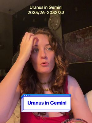 A woman with curly brown hair is holding her right hand on her head. The overlay has the text 'Uranus in Gemini' and a computer style box. The background is dark.