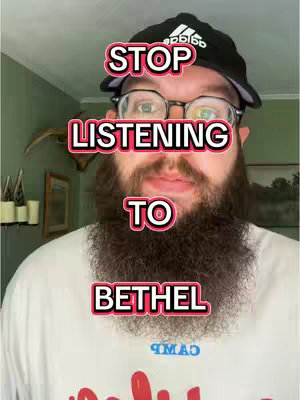 A man with a full beard and glasses is centered in the frame, wearing a white shirt and a black Adidas baseball cap with a white logo. Bold, red-and-white text overlays read "STOP" above his head, "LISTENING" across his face, and "TO" and "BETHEL" below. The background is a domestic setting with a green wall and what appears to be decorative items.