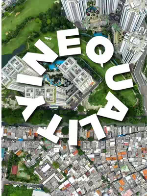 An aerial view shows a city divided into two unequal segments: the top half features luxury high-rise buildings, green spaces, and pools, while the bottom half depicts closely packed, poorer housing. The text 'NEOQUALITY' is overlaid, partially obscuring the images in a dynamic arrangement.