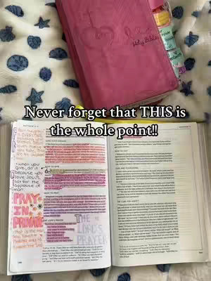 An overhead shot showcasing an open Bible with marked-up pages, a closed pink Bible to the top, and a floral-patterned blanket. The open book has text highlighted in various colors, and handwriting in the margins. The text overlay reads 'Never forget that THIS is the whole point!!'