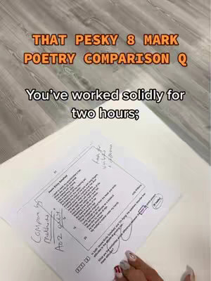 The cover image shows a close-up shot of a test paper with text-based overlays. The paper displays a poem with handwritten notes and annotations. A hand with painted nails is seen at the bottom. Text overlays include "THAT PESKY 8 MARK POETRY COMPARISON Q" at the top and "You've worked solidly for two hours;" below it.