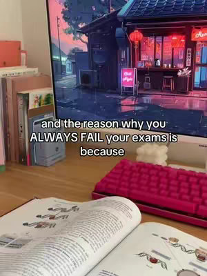 The cover image shows a desk setup with a laptop showing an anime-styled background behind some stacked books and two open textbooks. A red mechanical keyboard is also visible. The hook text in on the image.