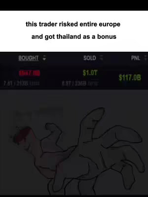 The image shows a composite illustration with a trading interface and a cartoonish depiction of a hand with multiple fingers grabbing at a figure. The interface displays 'BOUGHT,' '$1.0T,' and '$117.0B'. The cartoon figure appears to be a cartoon version of a person with red face.
