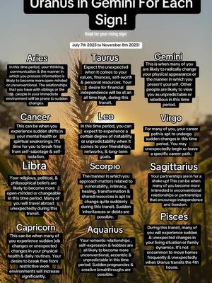 An infographic style image with a dark blurred background, possibly foliage. At the top, white text says "Uranus in Gemini For Each Sign!" below is more text which says, "Read for your rising sign!" and "July 7th 2025 to November 8th 2025!" The body of the image is divided into 12 boxes, each representing a different astrological sign with information about how Uranus in Gemini will affect them. The text is black on a white background, with the sign names bolded.