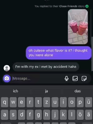 The image shows a smartphone screen displaying a conversation between two contacts and a background of black. Several text bubbles with chats are visible. In the top right corner, there is a picture with two smoothies. The keyboard is also visible at the bottom of the frame.