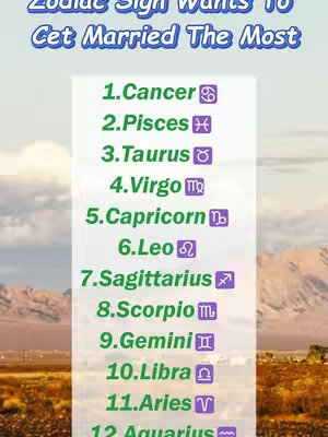 A vertical image showing a list of the zodiac signs ranked on a white rectangle with a mountainous background. The title at the top is in a blue and white gradient font that reads, "Zodiac Sign Wants To Get Married The Most." The list of signs is in a numbered format from 1 to 12, with each sign name followed by its astrological symbol. A mountain range and some small amounts of greenery are at the horizons.