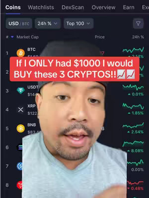 A man with short dark hair and a mustache is centered in the image, overlaid on a smartphone screen displaying a cryptocurrency market dashboard. A red rectangular text overlay is positioned above his head.