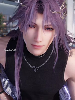 An AI-generated portrait of a man with long, shiny, purple hair and striking purple eyes. He wears a black sleeveless top and silver chain. The background is blurred to put all focus on the man.