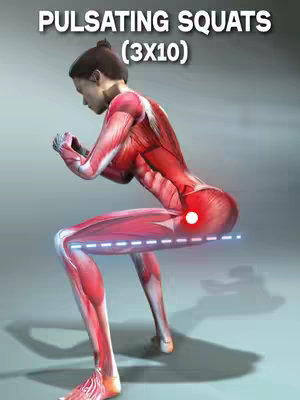 A 3D illustration depicting the anatomy of a woman performing a pulsating squat exercise. The woman's partially transparent form reveals muscle structure in red, with specific points highlighted. She is positioned in a squat, with text overlayed at the top.