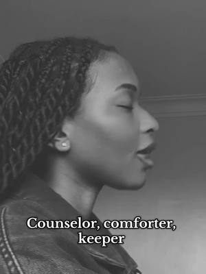 A grayscale image features a woman's profile against an undefined background. Her eyes are closed and her mouth is slightly open. The image is predominantly black and white. A text overlay at the bottom reads, "Counselor, comforter, keeper".