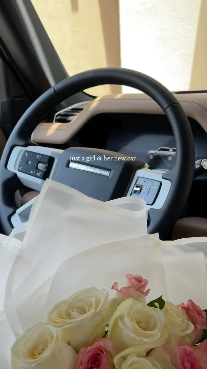 The cover image shows the interior of a car, specifically the dashboard and steering wheel. The focus is on a bouquet of white and pink roses lying in the foreground. The steering wheel has black trim with silver accents, and the dashboard is a light tan color. The text overlay reads, "just a girl & her new car".