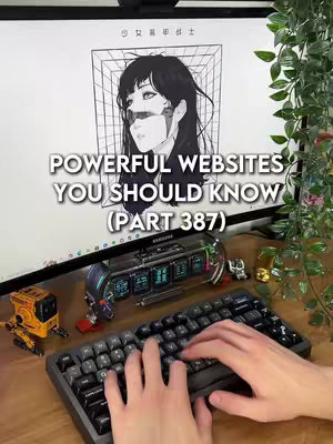 A desktop setup is shown, featuring a computer monitor displaying a drawing of a woman with long dark hair, partially covered face, and a geometric grid overlay. Below the screen sits a unique digital clock and keyboard. The hands of a person are shown typing on the keyboard. Artificial lightings and small decorative figures are also present, creating a sense of a modern workspace.