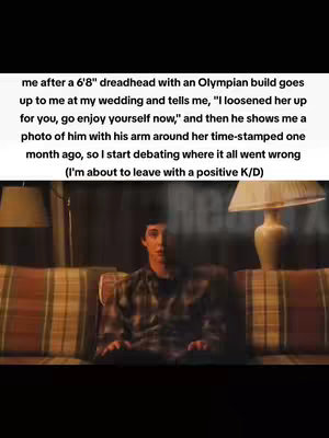 A man sits on a patterned sofa. Text overlays the image.