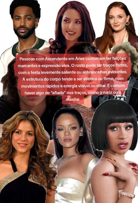 Collage of photos featuring various celebrities with a red text box overlay describing Aries rising traits. The image is composed of various celebrity faces arranged in a grid:  Big Sean, and a variety of female celebrities. The text overlay is primarily red and contains information related to those with Aries rising.