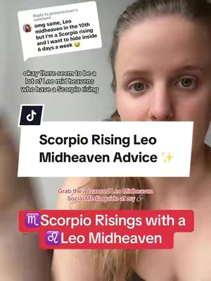 A woman with long hair is centered in the frame, looking directly at the camera. Overlay text includes the title of the video and other information about how Scorpio Rising and Leo Midheaven signs interact, with a light-colored background with text and symbols over it. The background is muted.