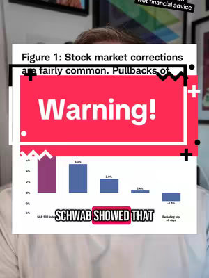 The cover image is a split-screen setup. On the left, a chart shows stock market correction data, including percentages and labels. A large red rectangular banner with the white text "Warning!" overlaid on the chart. Below the graph, the words "SCHWAB SHOWED THAT" are highlighted. On the right, a blurred image shows a person's face looking toward the camera. Above the head, there's a watermark labeled "Not financial advice".