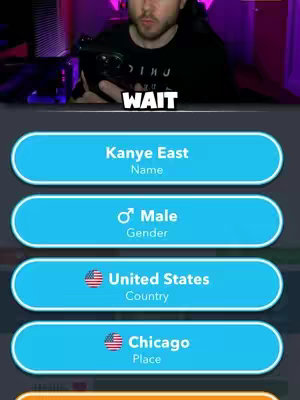 A video game interface with fields, including a name reading 'Kanye East', a gender option marked 'Male', and location settings for 'United States' and 'Chicago', with a blurry background featuring a person.