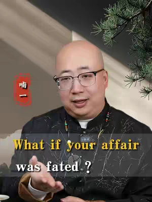 A middle-aged man wearing glasses and a dark shirt is centered in this image. The background is blurred with neutral colors. Overlayed on the image are large, bold, yellow text. The text asks, "What if your affair was fated?"
