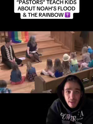 The image is a split screen. The top half shows a church setting with a colorful rainbow banner, and children seated, with adults. The bottom shows a young man in a black hoodie with the word "POWER" on it.