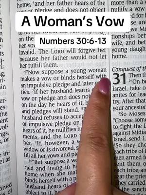 A hand with pink nail polish points to a highlighted passage in an open Bible. The image is close up and in focus on the scripture. Above the text is the overlay "A Woman's Vow" and below that "Numbers 30:6-13".