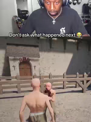The image is split horizontally. The top half shows a man wearing headphones looking at the camera with slight concern. The bottom half shows a scene from a video game with two figures in a medieval or fantasy setting. The man in the top is the creator reacting to what's going on. The overall composition combines elements of reaction content with gameplay, potentially humorous due to the juxtaposition.