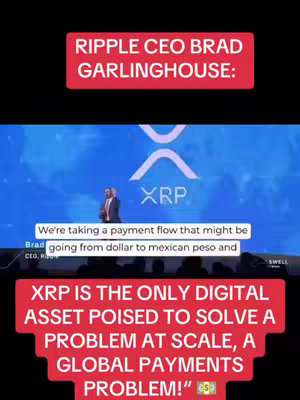 A video screenshot featuring a public speaker on stage. Above the speaker is a logo of "XRP" and behind him a screen with the same logo in a light blue tone. Text overlay in red with the phrases "RIPPLE CEO BRAD GARLINGHOUSE" and "XRP IS THE ONLY DIGITAL ASSET POISED TO SOLVE A PROBLEM AT SCALE, A GLOBAL PAYMENTS PROBLEM!"