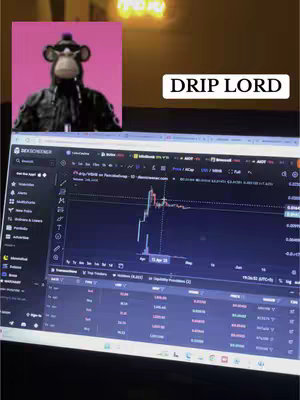 The cover image shows a laptop screen displaying a stock chart and trading data. In the upper left corner, there's a pink square containing an image of an ape wearing sunglasses. Above the laptop screen, text that says 'DRIP LORD' is overlaid. The room setting appears to be dimly lit, and the overall composition is focused on the cryptocurrency theme.