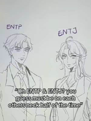 An illustrated image featuring two male figures in a sketch style. The figure on the left, labeled 'ENTP,' has short hair and wears a suit. The figure on the right, labeled 'ENTJ,' has longer hair and wears a similar suit. Text overlays the bottom of the image.