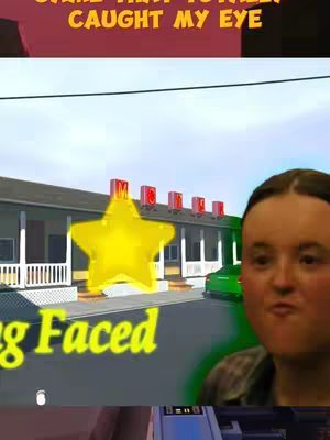 A woman makes a silly face, a star-shaped graphic overlaid in the image. A motel sign is just behind the star.