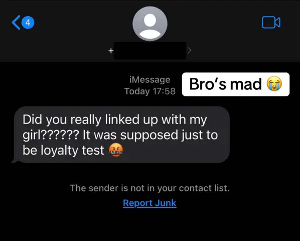 The image is a screenshot of a text message conversation on a dark background, likely a phone screen. The top shows a sender profile with a generic avatar and a time stamp. In the middle, a speech bubble contains a text message with the iMessage interface. The message is about a relationship issue. Text overlay indicates the sender's reaction to the message.