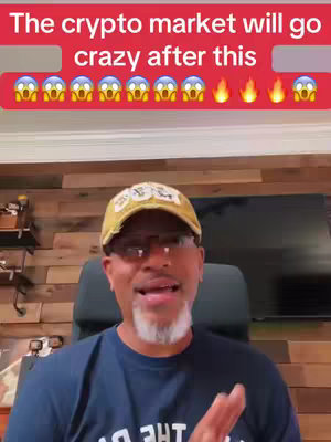 The cover image shows a man with a beard and a hat looking excited in front of a wooden-paneled background and a dark TV screen. A red banner across the top has overlaid text: 'The crypto market will go crazy after this.' There are multiple shocked and fire emojis along the banner.