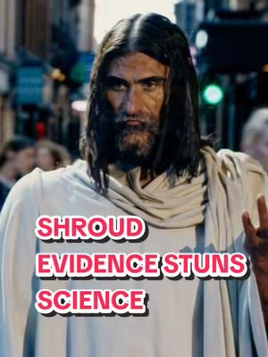 The cover photo features a man dressed in what appears to be a representation of Jesus, with long hair and a beard. The background is blurred, suggesting a city setting with buildings and people. Overlaid on the image is a text box with the words SHROUD, EVIDENCE, STUNS, and SCIENCE.