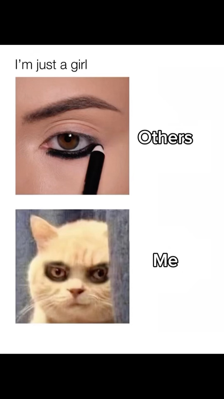 The cover image features a split-panel meme. The top half shows an eye with perfect eyeliner and the text "I'm just a girl" and "Others" to the right. The bottom half depicts a cat with exaggerated dark eye makeup, paired with the text "Me".