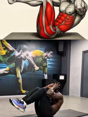 The cover image shows a split scene. The top half is an anatomical illustration of abdominal muscles with the abdominal muscles highlighted in red. The bottom half shows a man in activewear performing a sit-up exercise with his hands behind his head in a gym setting.