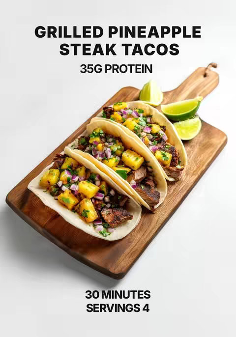 A wooden cutting board holds three tacos, filled with meat, diced pineapple, red onion, and cilantro, arranged on a white background. The text overlay features the title 'GRILLED PINEAPPLE STEAK TACOS' and '35G PROTEIN' along with the time and serving details. 