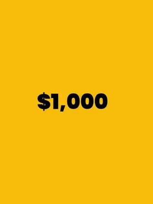 A visually simple cover image with a solid yellow background. Centered on the image is the text '$1,000' in bold black text.