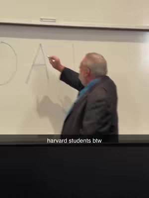 An older man in a suit is writing on a whiteboard. The words "harvard students btw" are overlaid at the bottom of the image.
