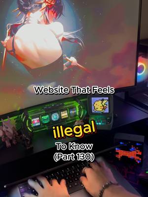The image shows a person using a computer, with a focus on a the desktop and peripheral devices. A large monitor displays an anime-style image while a keyboard is front and center with the users hands on it. Other devices, including a gaming device, are also present and it creates a techie setup, illuminated by internal lighting.