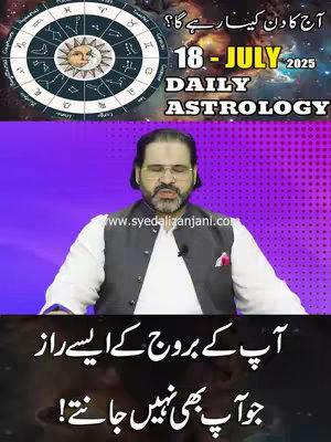 The cover image features a man in a studio setting, with an astrology wheel in the background, a date and time banner and various elements like text in both english and urdu. The man is wearing a waistcoat and glasses. The background is a blend of purple and a galaxy-like pattern. The overall composition is designed to draw attention to the astrology theme.