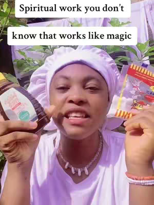 A woman with a white head covering holds up a honey bottle and a package. Text overlays on the top reads 'Spiritual work you don't know that works like magic'.