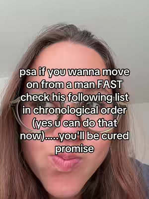 A close-up shot of a person's face, with the focus on the upper half. The individual is wearing glasses and has brown hair. Text is overlaid on the image, offering advice on moving on from a relationship. The background is a neutral off-white shade, and the overall composition centers around the person's face and the text.
