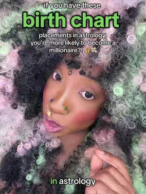 A close-up selfie of a person with a complex hairstyle with colorful accents, wearing multiple nose rings and pronounced makeup with rosy cheeks and glossy lips. The background is blurred with green and pink hues, with overlaid text in green and white, stating the video's premise.