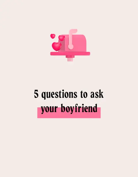 A light cream-colored background with a 3D-rendered pink mailbox adorned with three floating hearts, and black text that says "5 questions to ask your boyfriend" with a pink rectangular highlight under "your boyfriend".