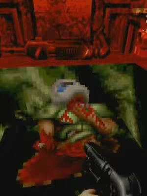 The cover image is a low-resolution, first-person perspective from a video game. The top portion of the screen displays a dark red, brick-like environment. Below, the scene shifts to a grimy, green-tinted room. Visible are pixelated elements of a game character, seemingly in the midst of a violent action, with a gun in the lower right corner. The overall composition and color scheme give a sense of retro gaming.
